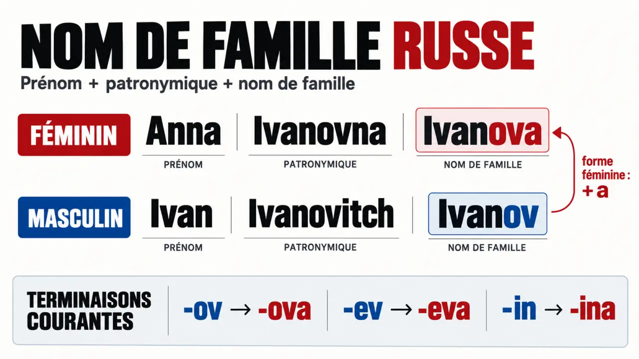 Infographie sur la structure d’un nom de famille russe avec les formes Ivanov et Ivanova