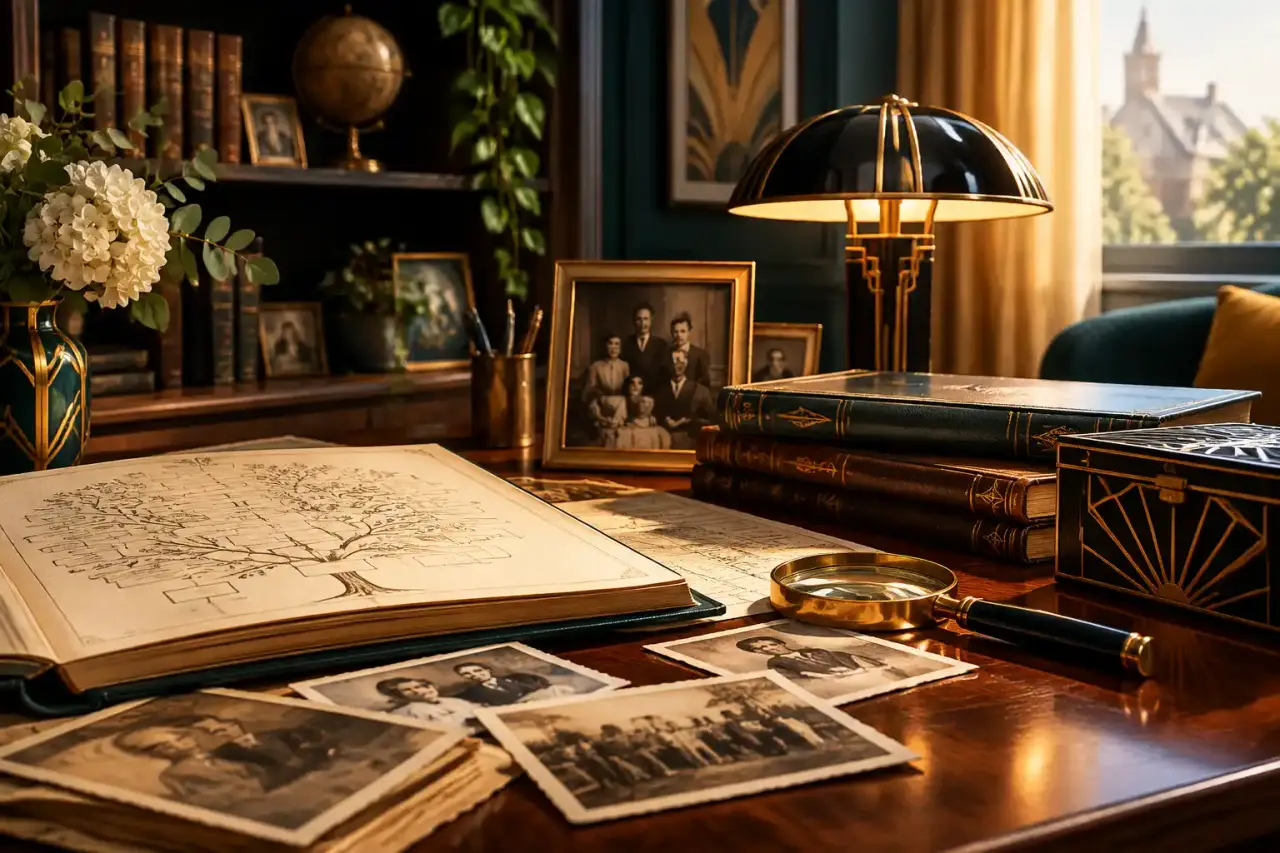 Coin mémoire élégant présentant des archives familiales dans un intérieur sombre et doré