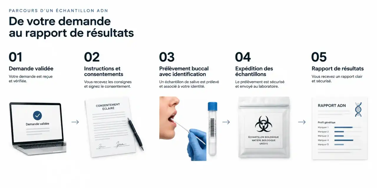 Parcours d'un échantillon pour un test ADN en Espagne, du prélèvement au rapport de résultats