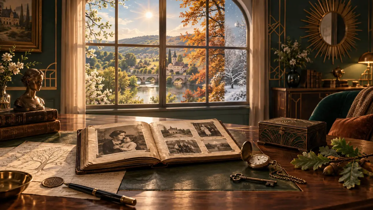 Objets anciens de famille disposés dans un intérieur élégant, évoquant la mémoire des ancêtres