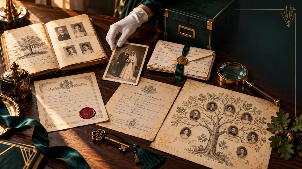 Documents anciens et photographies familiales réunis sur un bureau élégant