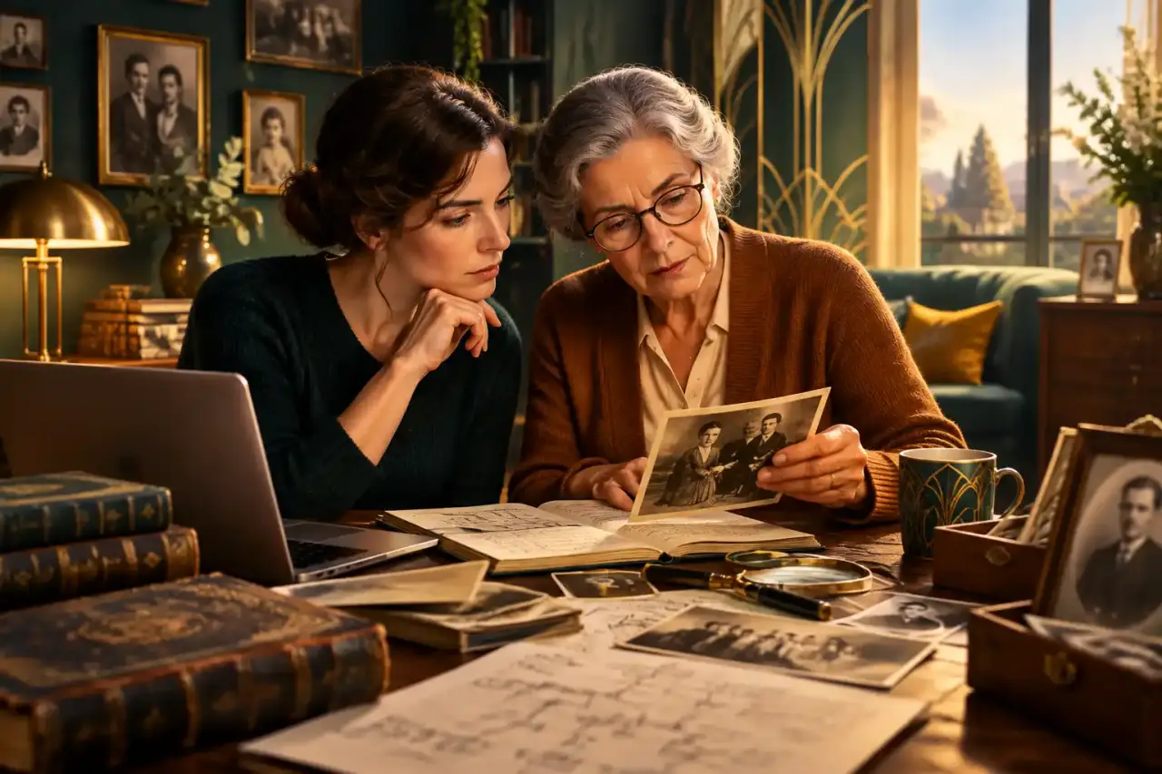 Arbre généalogique ancien et documents familiaux sur un bureau élégant