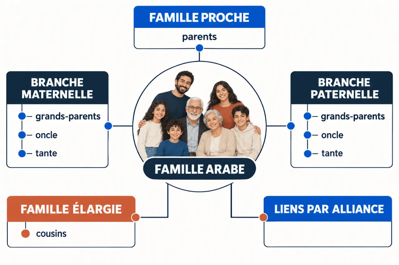 Carte sémantique de la famille arabe montrant la famille proche, les branches maternelle et paternelle et les liens par alliance
