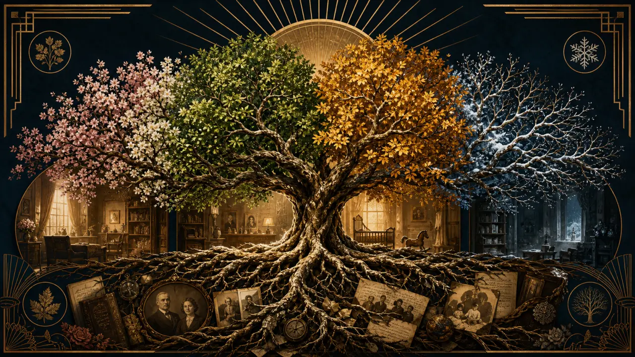 Illustration Art Déco d’un arbre généalogique stylisé, sombre et doré