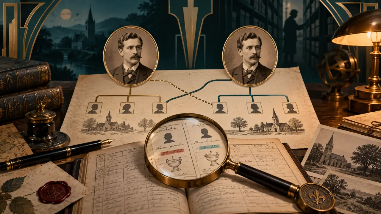 Documents anciens et arbre généalogique illustrant la recherche d’homonymes