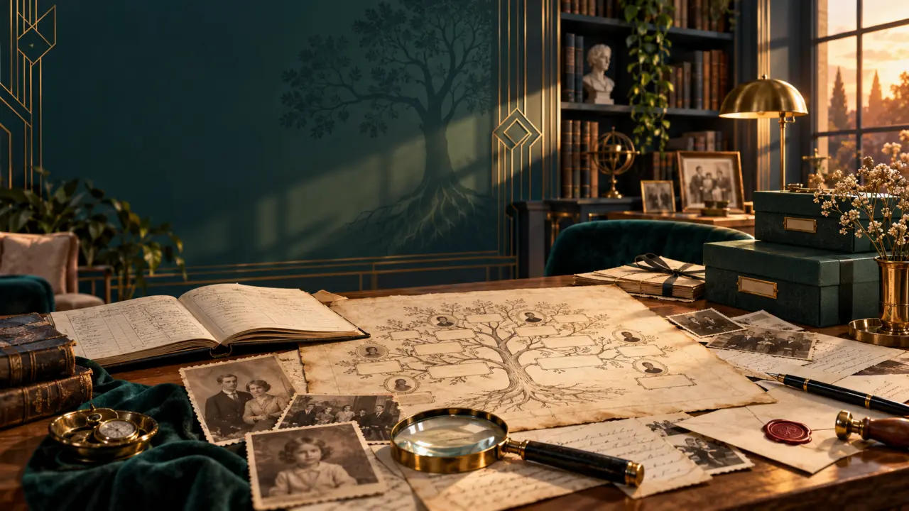 Composition Art Déco représentant un arbre généalogique et des archives familiales