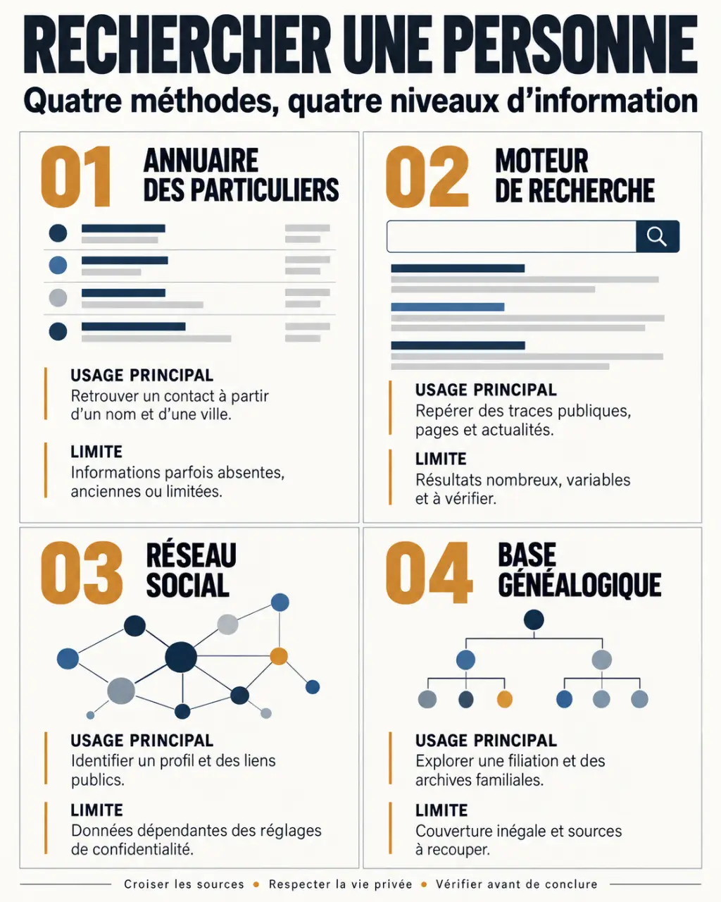 Infographie des solutions pour rechercher une personne selon les indices disponibles