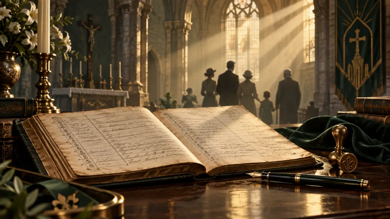 Registres paroissiaux anciens ouverts sur une table de travail