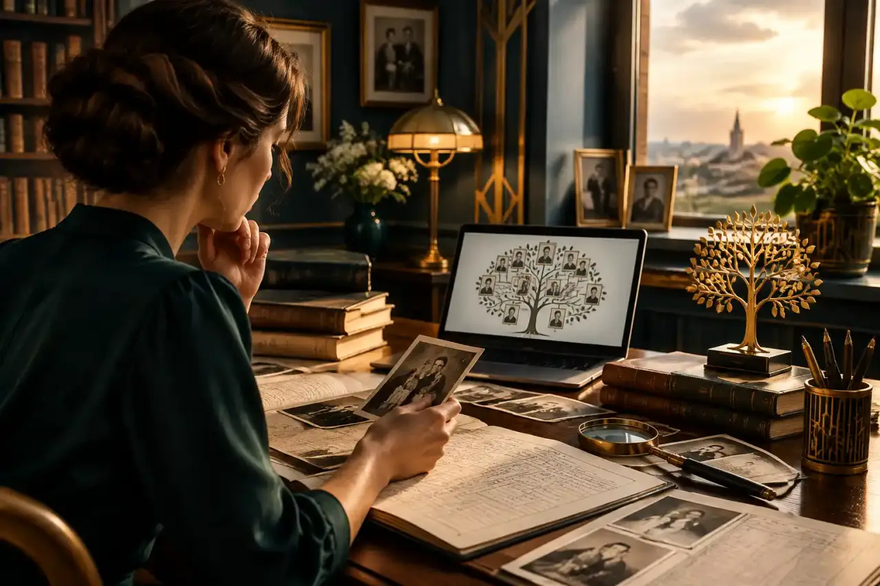 Arbre généalogique stylisé et documents familiaux dans une ambiance Art Déco