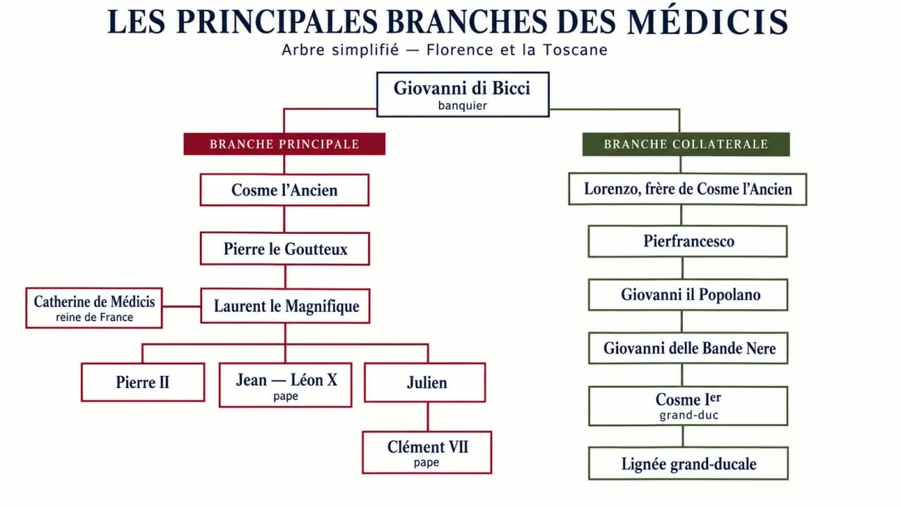 Les Médicis arbre généalogique : principales branches de Giovanni di Bicci à Laurent le Magnifique, Léon X, Clément VII et Cosme Ier