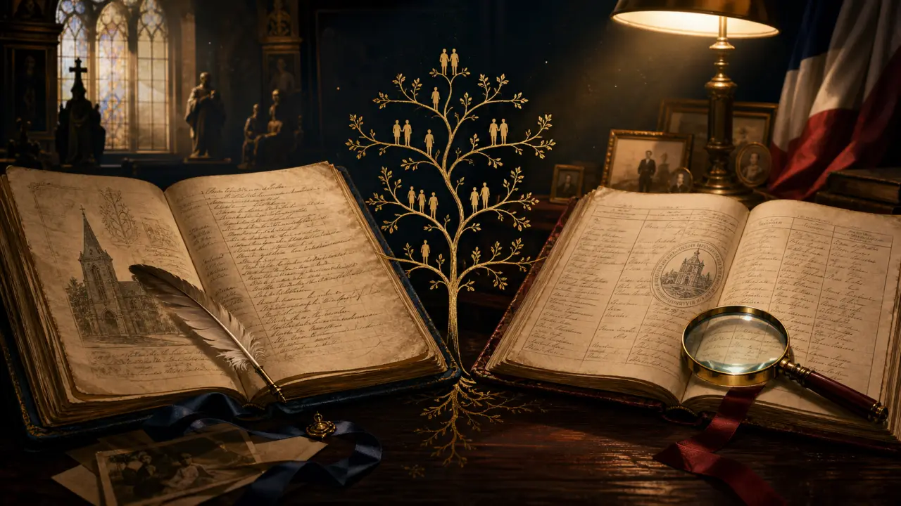 Illustration Art Déco d'arbres généalogiques et de registres anciens