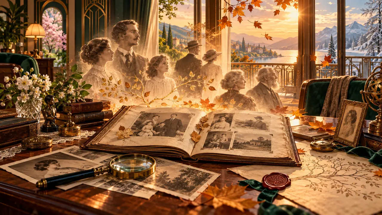 Archives familiales anciennes disposées avec soin dans un intérieur Art Déco