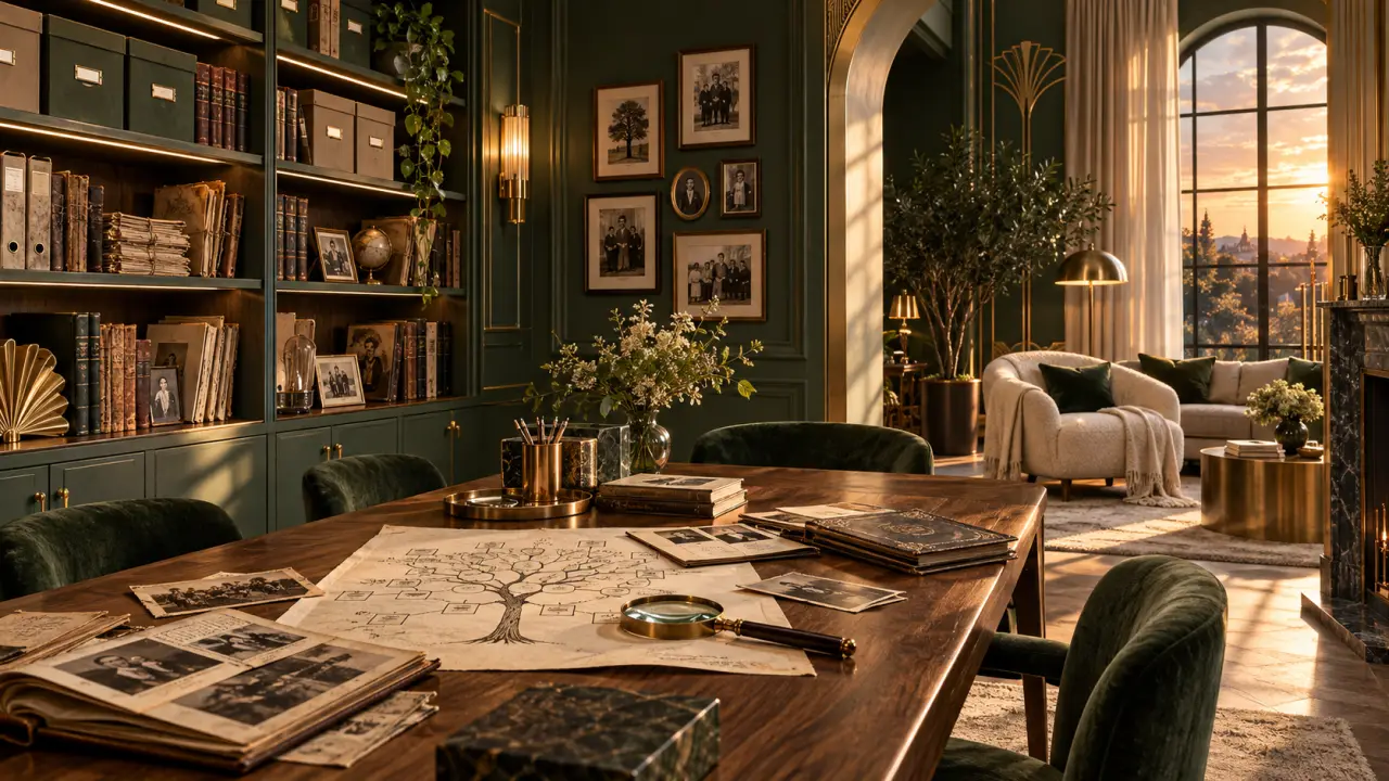 Coin archives familial aménagé dans une pièce de vie, avec meubles en bois et détails dorés