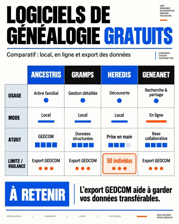 Meilleur logiciel de généalogie gratuit : comparaison visuelle d’Ancestris, Gramps, Heredis et Geneanet