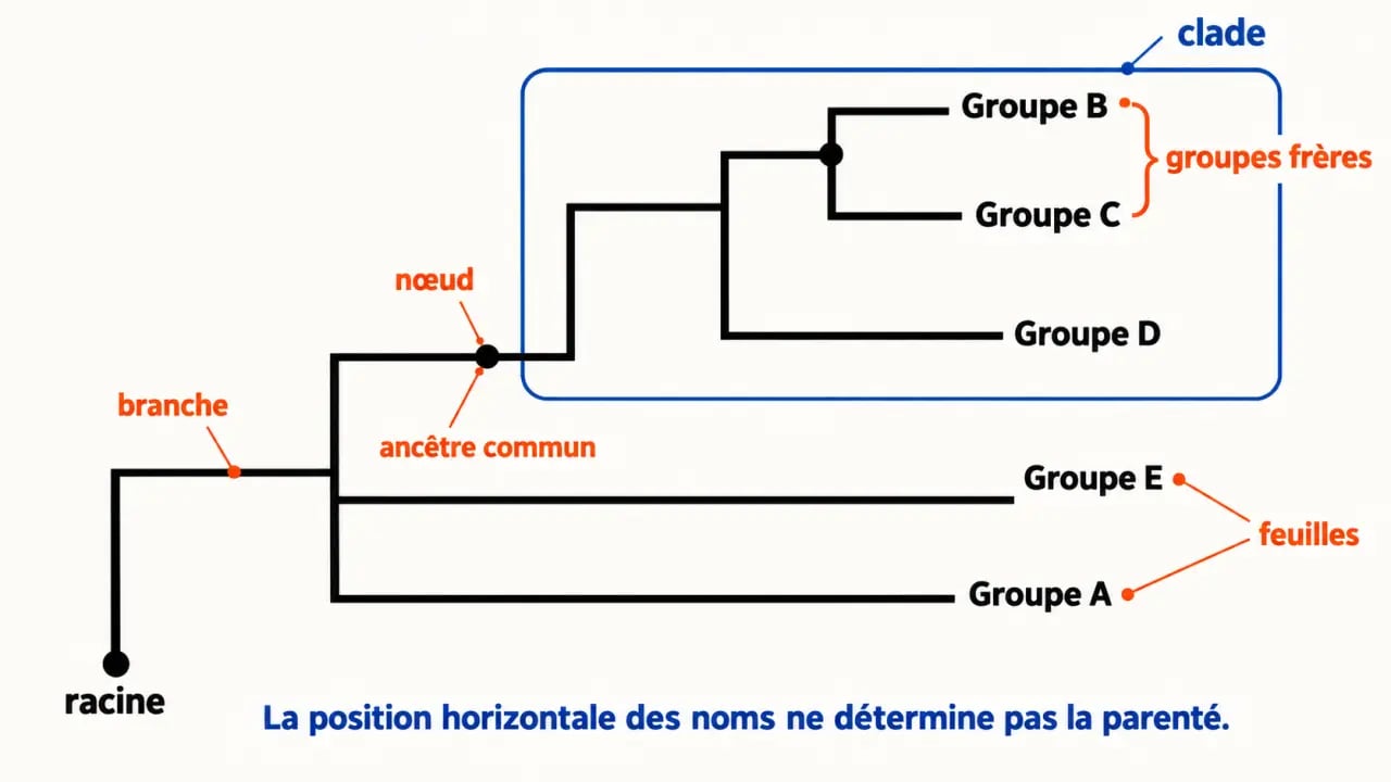 Schéma d’un arbre de parenté avec nœud, ancêtre commun, groupes frères, clade et racine