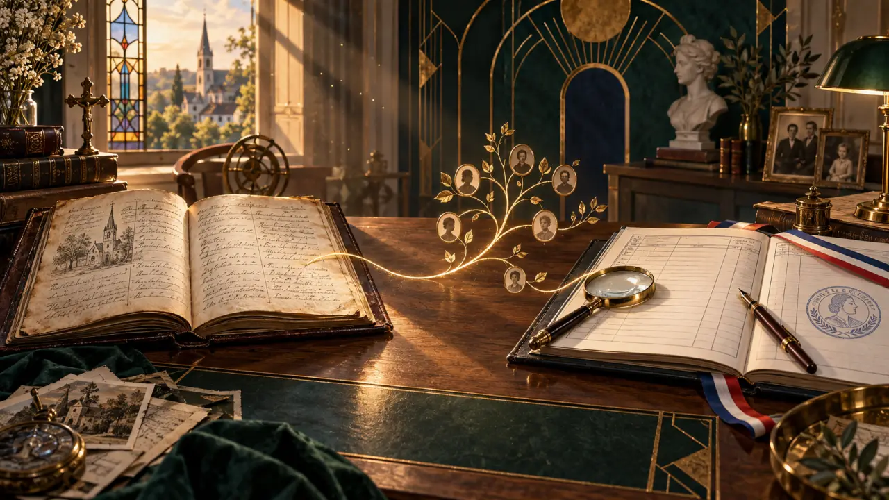 Registre ancien ouvert et acte d'état civil dans une atmosphère Art Déco sombre et dorée