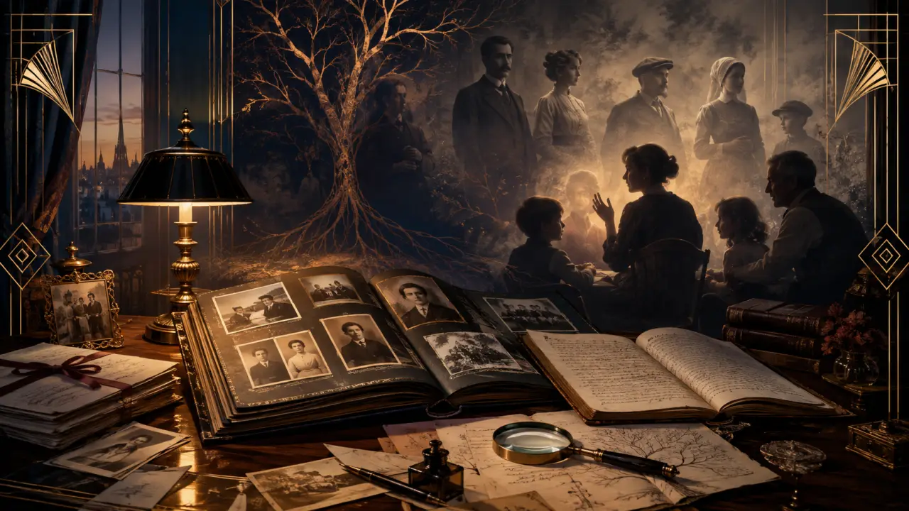 Illustration Art Déco d'un arbre généalogique stylisé sur fond sombre et doré