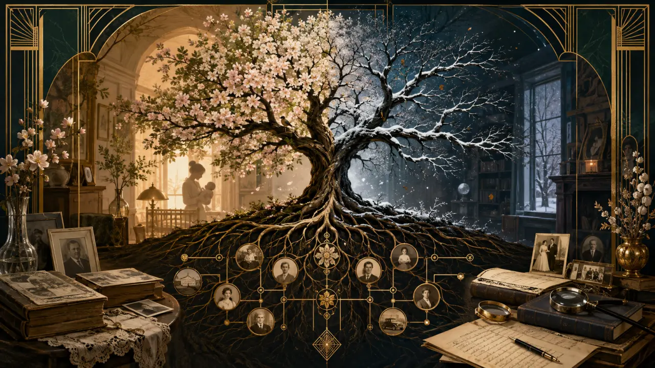 Illustration Art Déco d'un arbre généalogique stylisé, sombre et doré