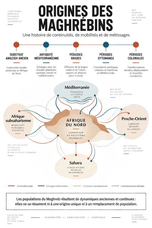 Infographie synthétique sur l’origine des Maghrébins et les héritages amazighs, arabes, méditerranéens et sahariens