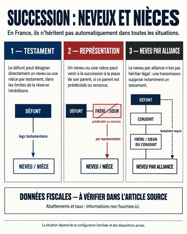 Infographie sur la succession neveux et nièces, la représentation successorale et les droits de succession