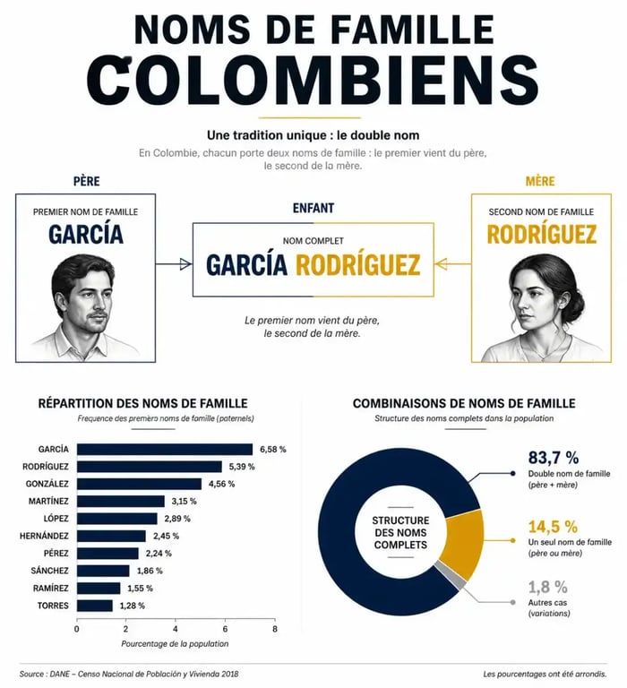 Infographie sur la structure et l'origine des noms de famille colombiens