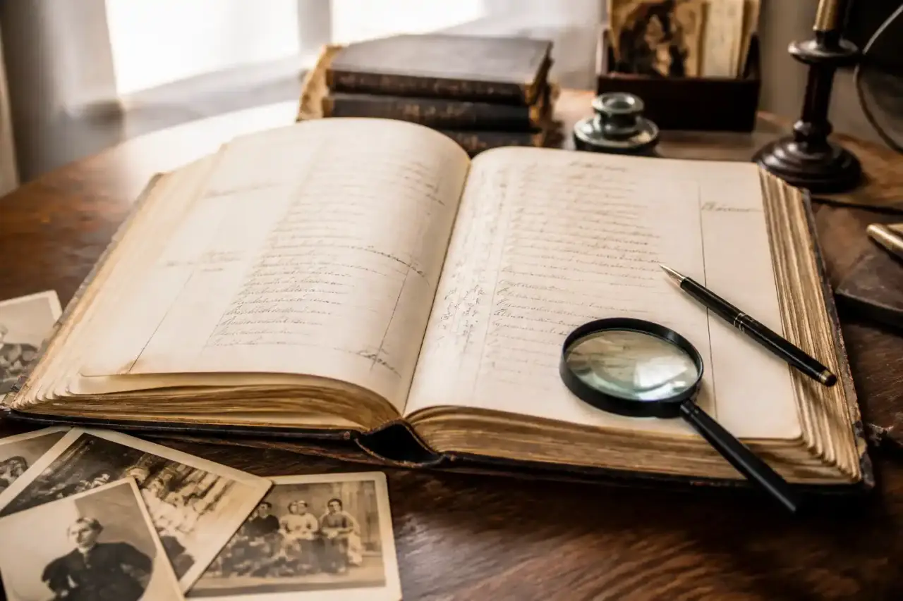 Illustration Art Déco d'un registre paroissial ancien, sombre et doré, avec une atmosphère de recherche historique
