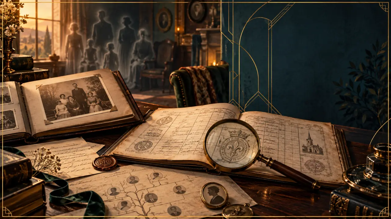 Documents anciens et arbre généalogique illustrant la recherche dans les archives