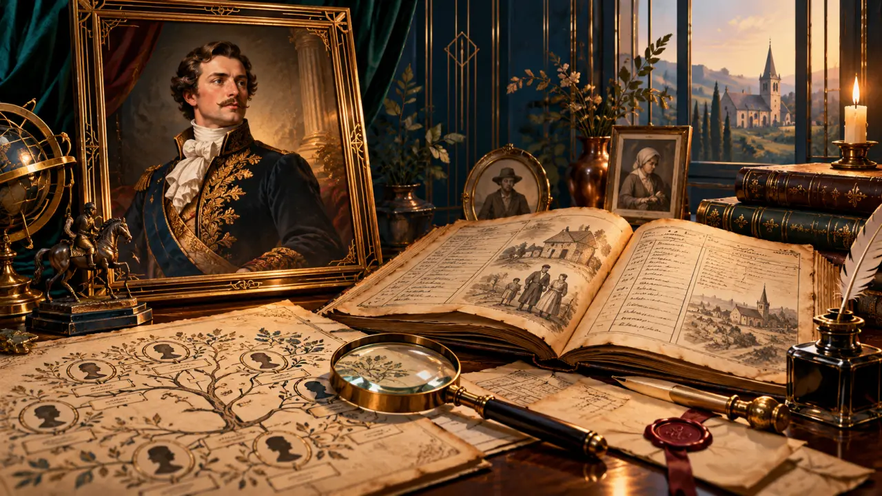Arbre généalogique ancien et documents d'archives dans une atmosphère Art Déco