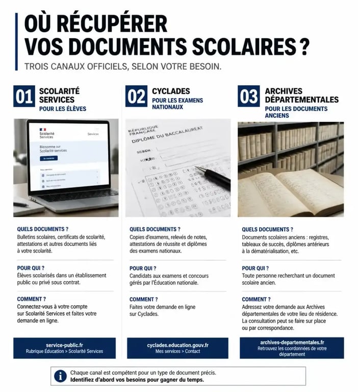 Infographie des procédures pour retrouver ses bulletins scolaires et relevés de notes