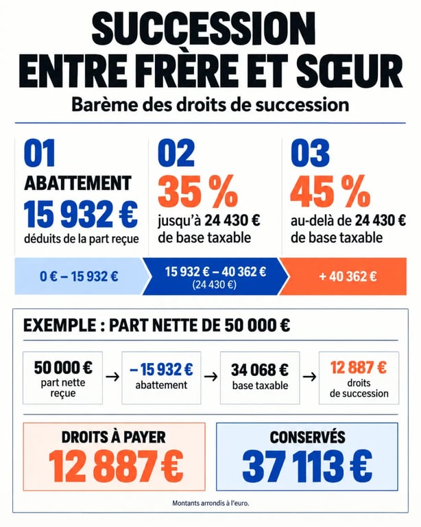 Infographie sur le droit de succession entre frère et sœur avec abattement et barème fiscal
